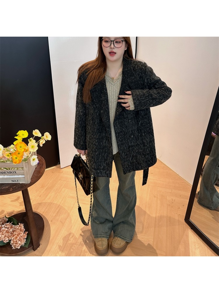 特大码女装2025新款冬季胖mm巨显瘦气质200斤双色毛呢外套